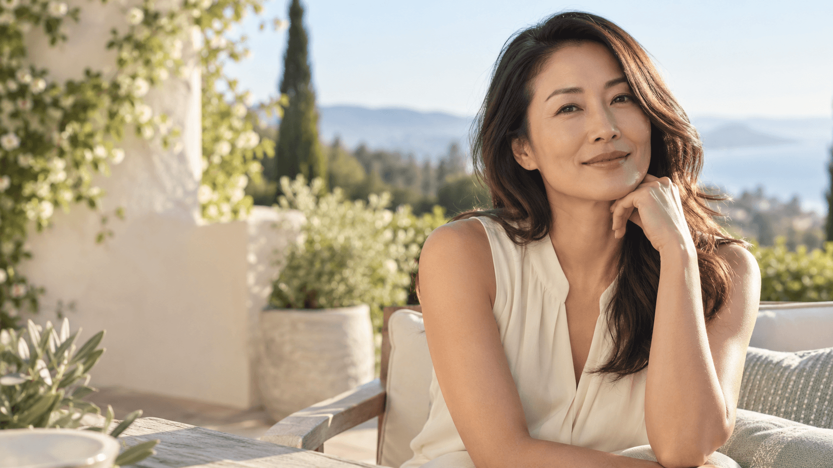 Adult woman at ease on a naturally lit California terrace