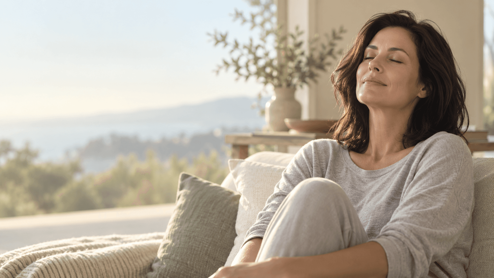 Adult woman resting quietly in a softly lit home