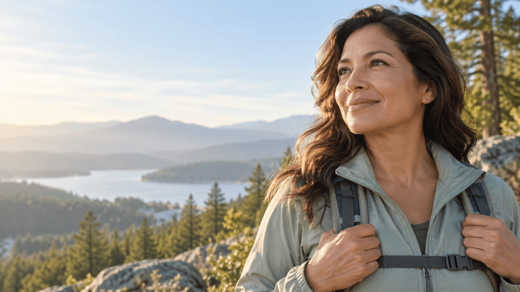 Adult woman enjoying an ordinary outdoor walk with a backpack