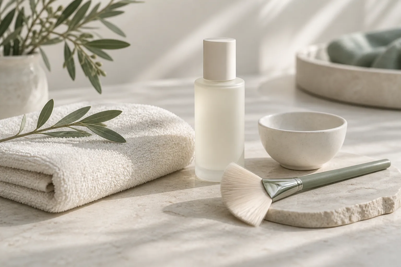 Illustrative skincare still life with a folded towel and cosmetic accessories