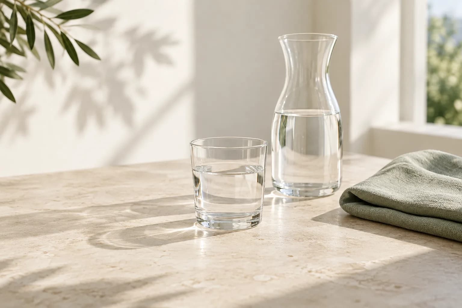 Illustrative still life of drinking water and sage linen in natural light