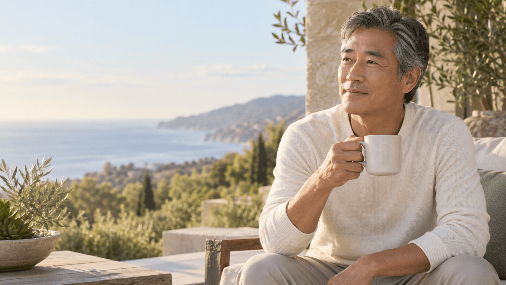 Adult man enjoying a composed moment with a cup on a terrace