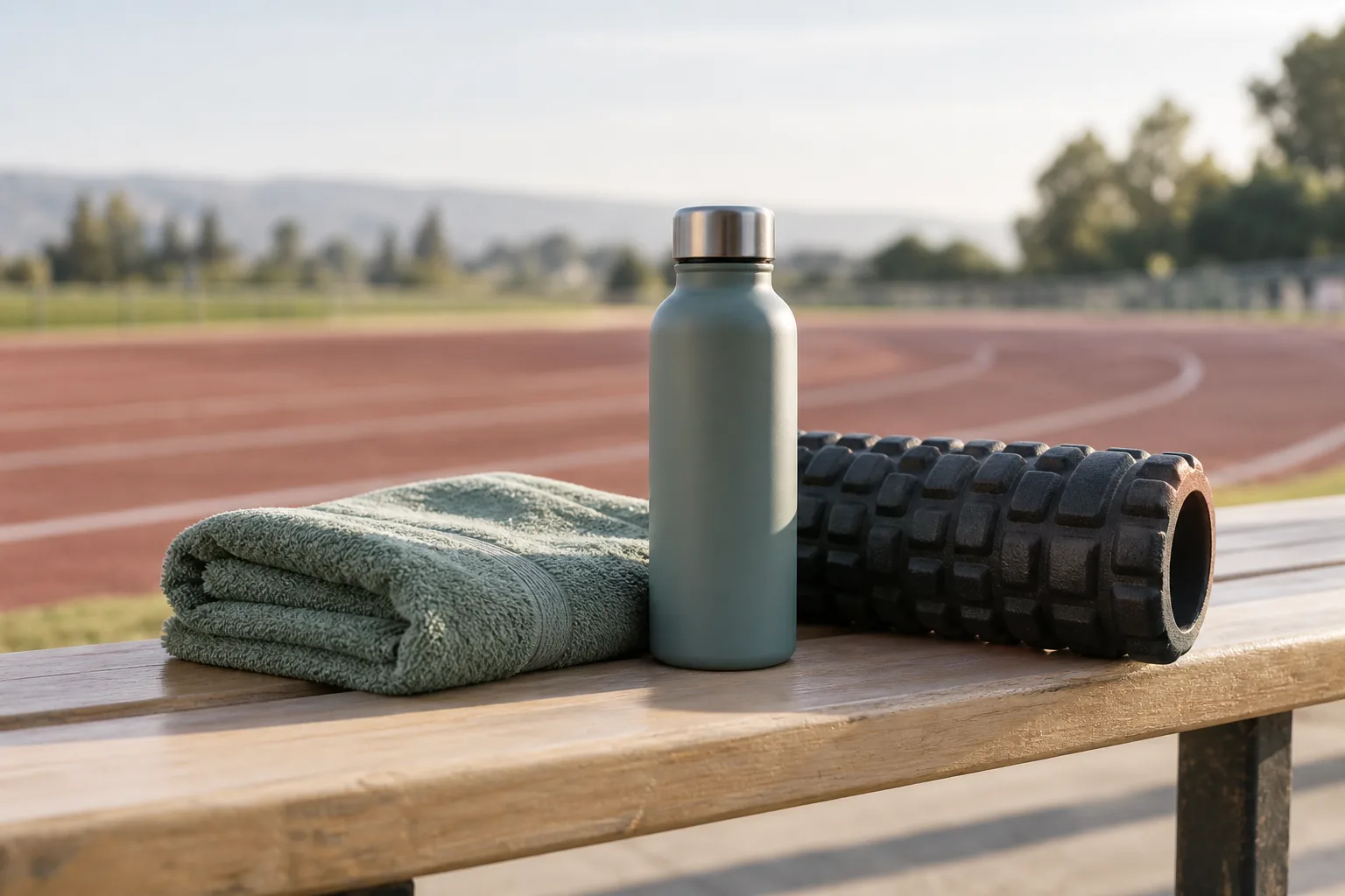 Illustrative recovery setting with a workout towel, water bottle and foam roller