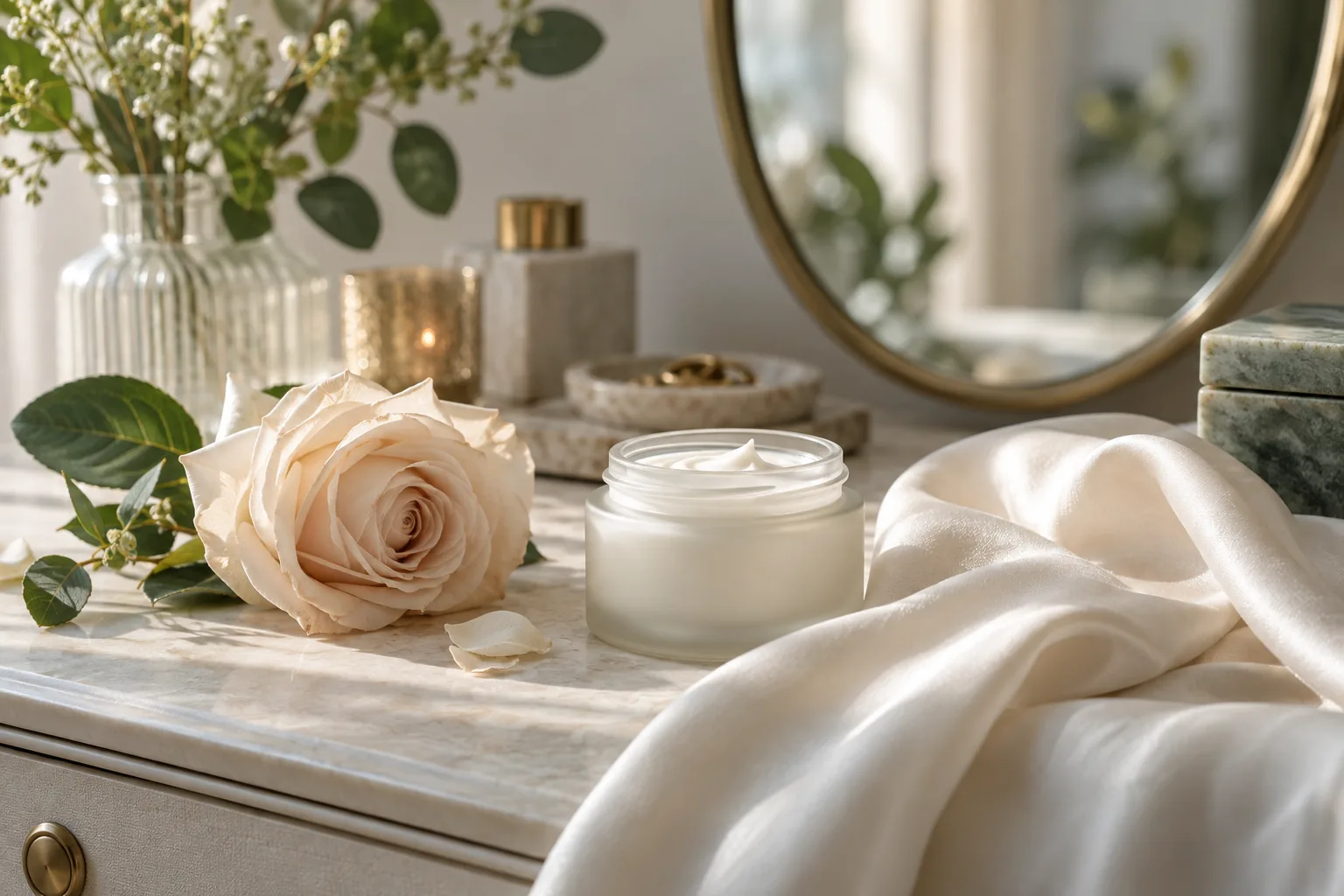 Illustrative beauty still life with skincare, silk and a pale rose