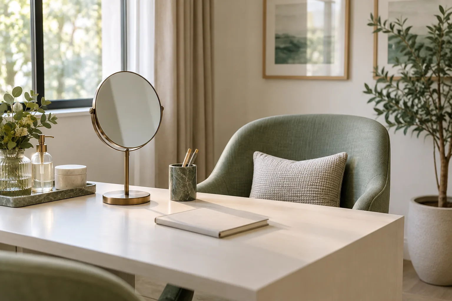 Illustrative aesthetic consultation setting with a tabletop mirror and notebook