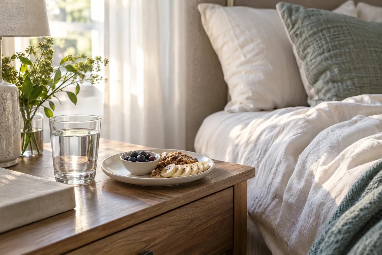 Illustrative quiet morning bedside setting with drinking water
