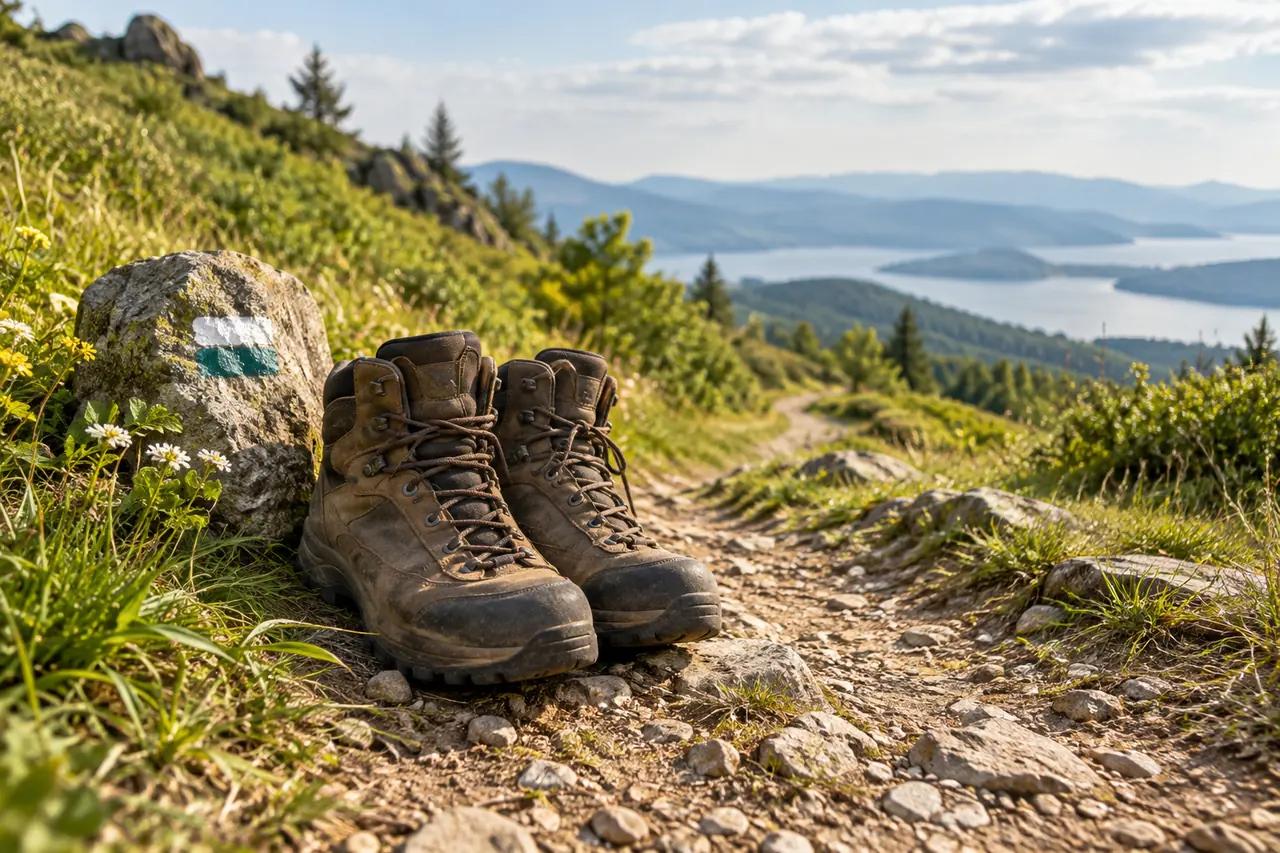 Illustrative hiking boots beside a hillside walking trail