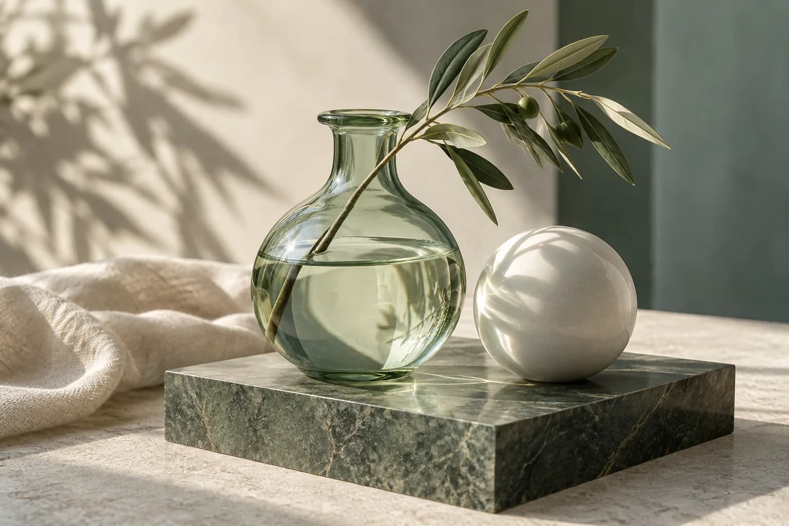 Illustrative sculptural glass and botanical beauty-wellness still life