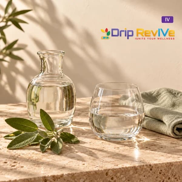 Illustrative Gluthathione service still life with drinking water, sage and the Drip RevIVe logo; not an actual infusion product