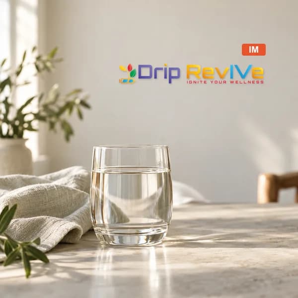 Hangover Hydrate Push illustrative service photograph with the Drip RevIVe logo and IM badge