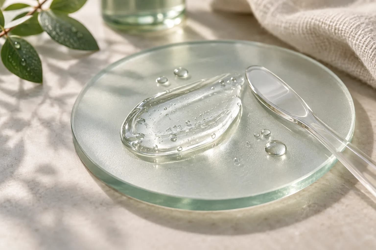 Illustrative cosmetic gel and glass spatula, with no procedure or device depicted