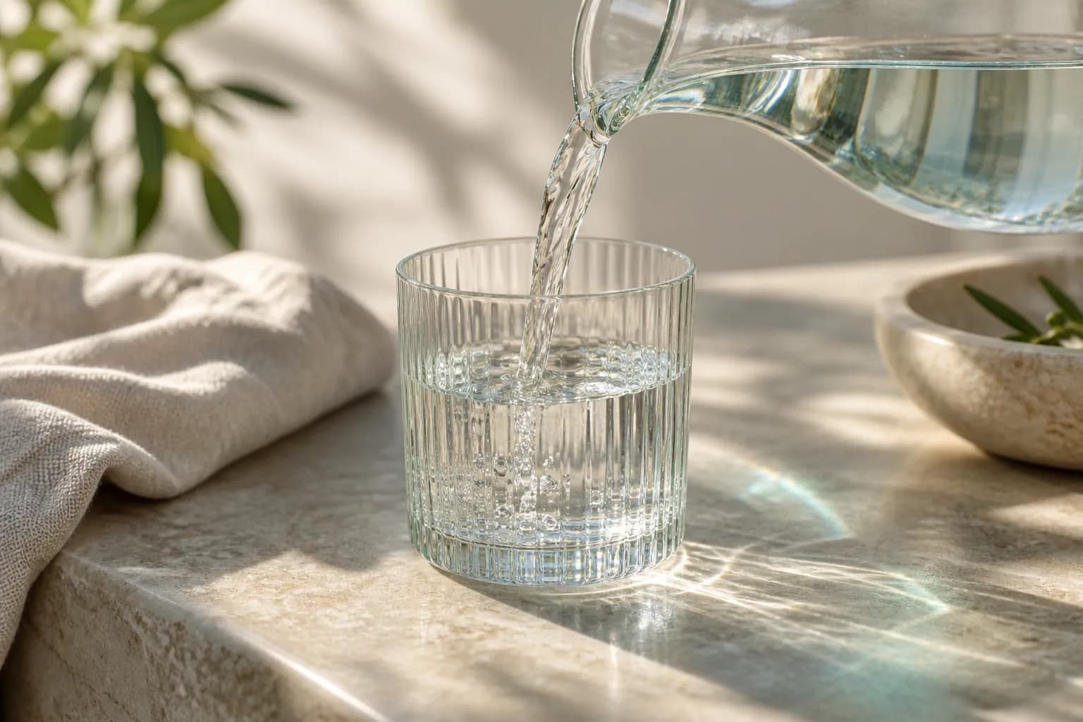 Illustrative drinking water pouring into a ribbed glass