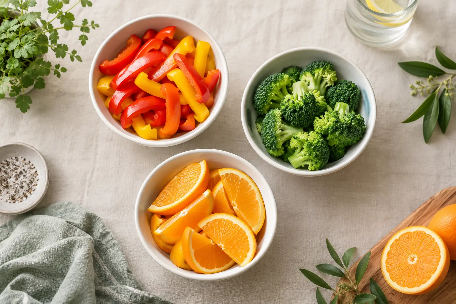 Illustrative overhead arrangement of colorful vegetables and citrus