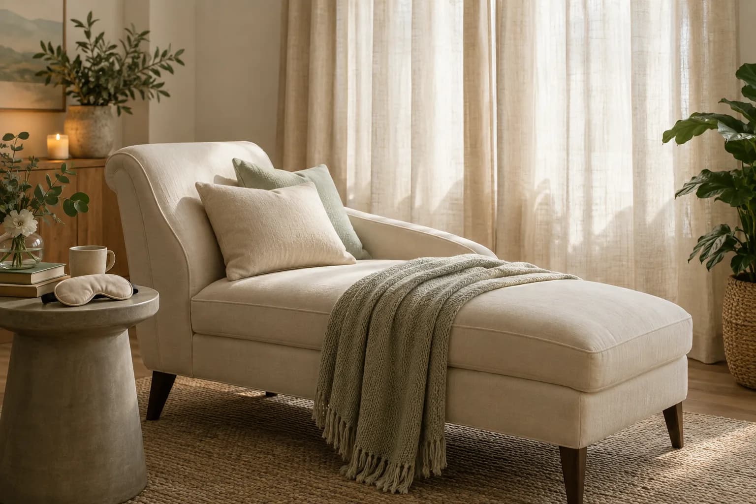 Illustrative quiet resting nook with a blanket and fabric eye mask