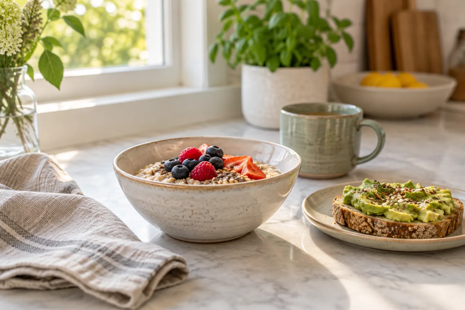 Illustrative balanced breakfast with oats and avocado toast