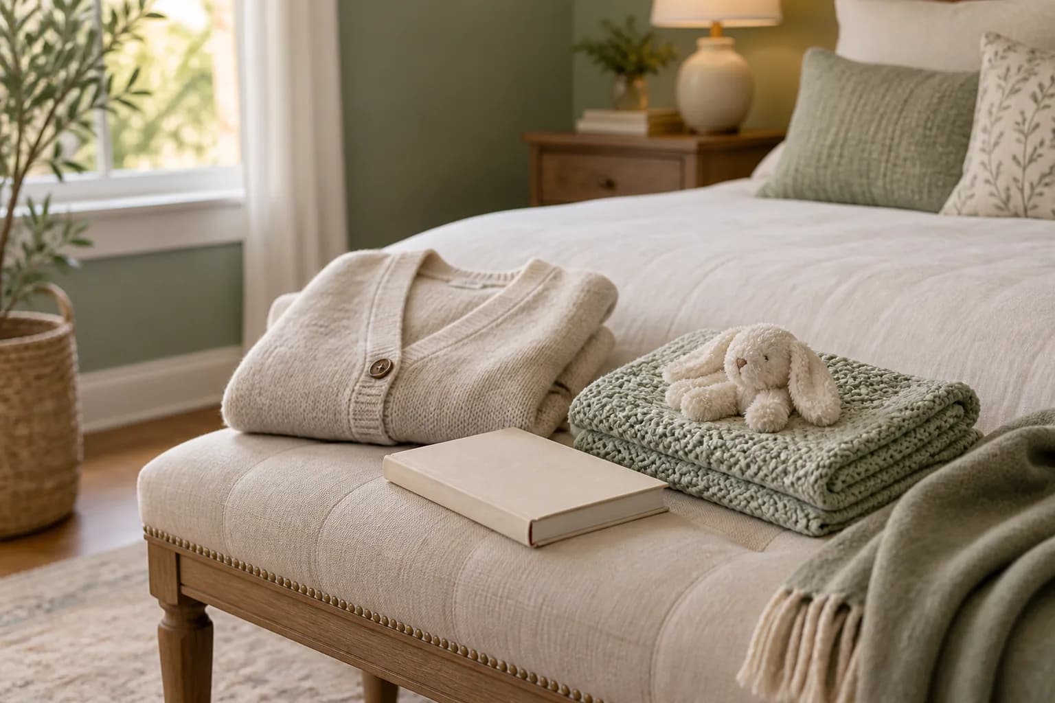 Illustrative maternal-wellness setting with folded knitwear, blanket and journal