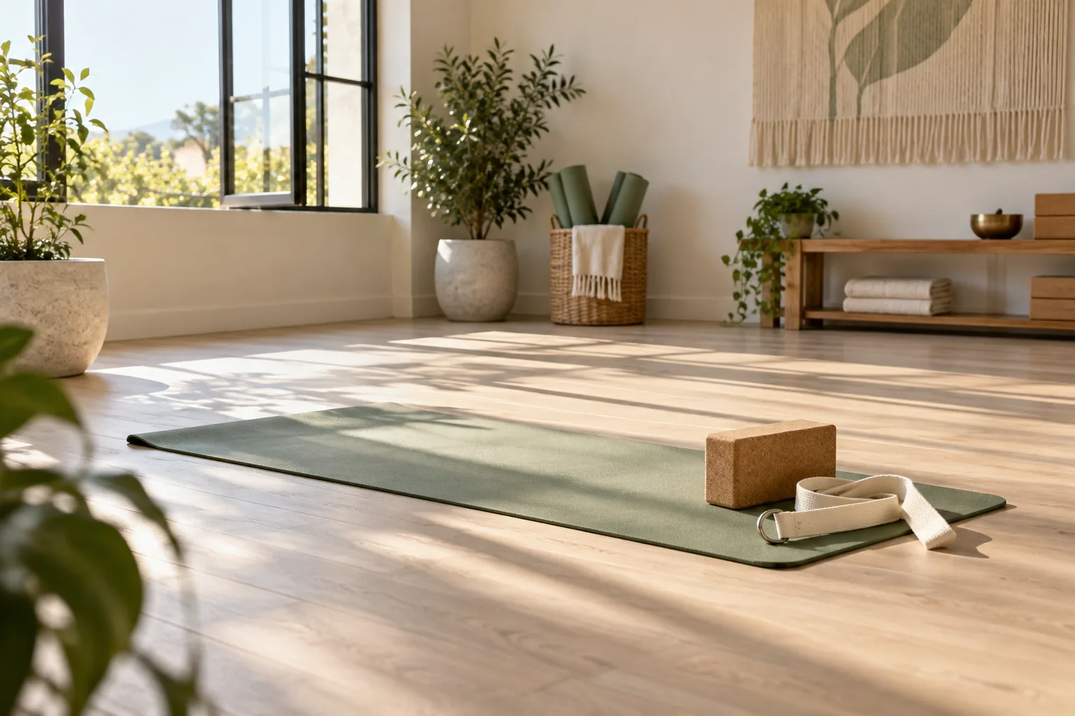 Illustrative movement studio with a yoga mat, cork block and stretching strap