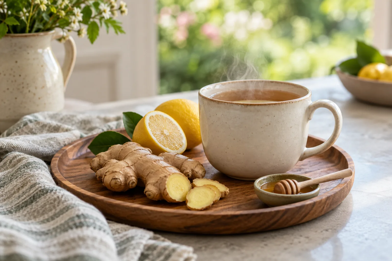 Illustrative warm tea with lemon and ginger on a wooden tray